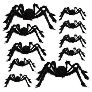 10 Pack Giant Scary Black Spider Decorations. Fake Large Hairy Spider Props